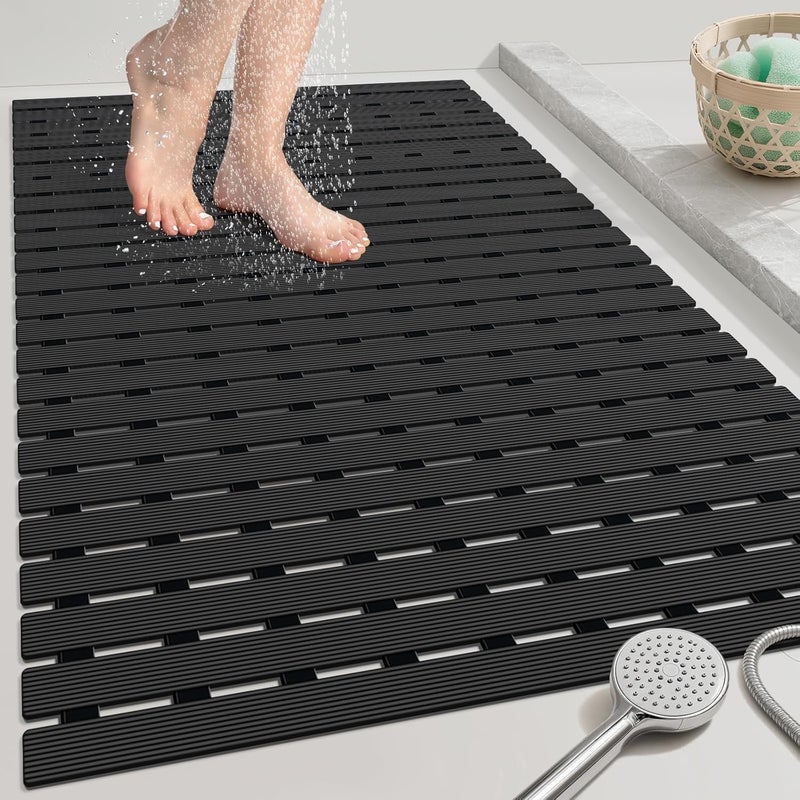 OTHWAY Large Shower Mat, 35.4 x 24 Inch No Suction Cup Shower Mat Non Slip, Quick Drain Non Slip Shower Mats for Inside Shower, Heavy Duty Curlable PVC Stand up Shower Floor Mat, Black - Image 1